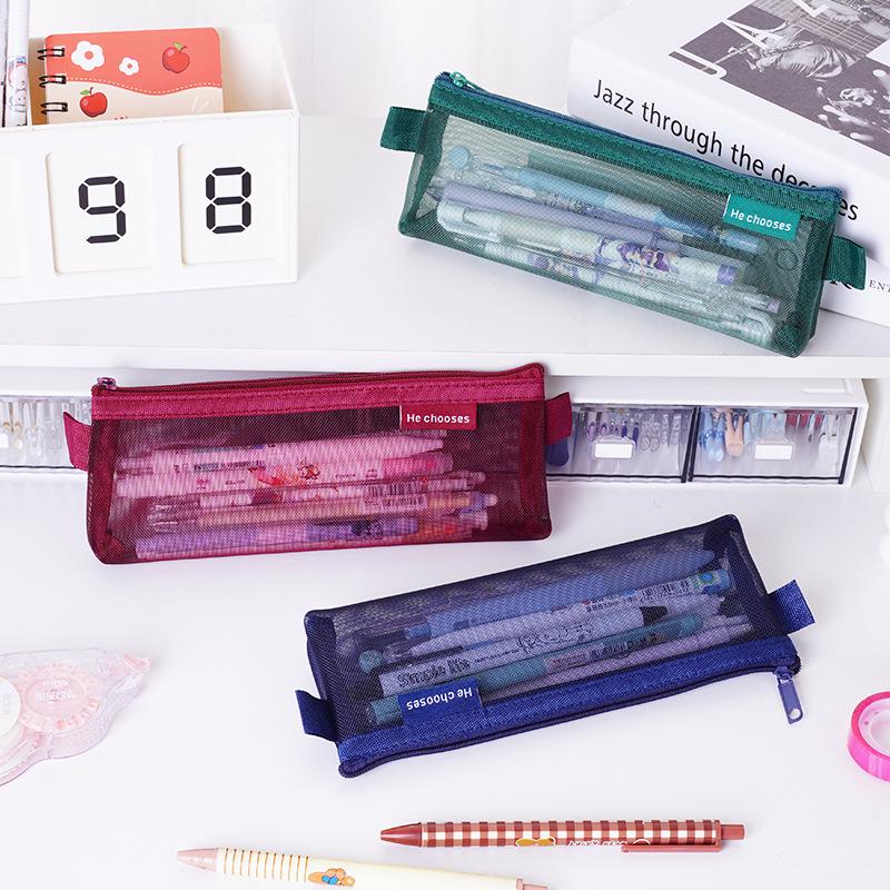 Retro Transparent Mesh Pencil Case - Large Capacity Triangle Stationery Bag