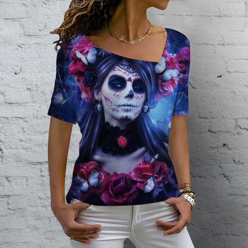 Лето 2023, винтажная женская футболка с изображением черепа, топы с v-образным вырезом, повседневный хлопковый пуловер с короткими рукавами, женская уличная одежда в стиле Харадзюку в стиле панк