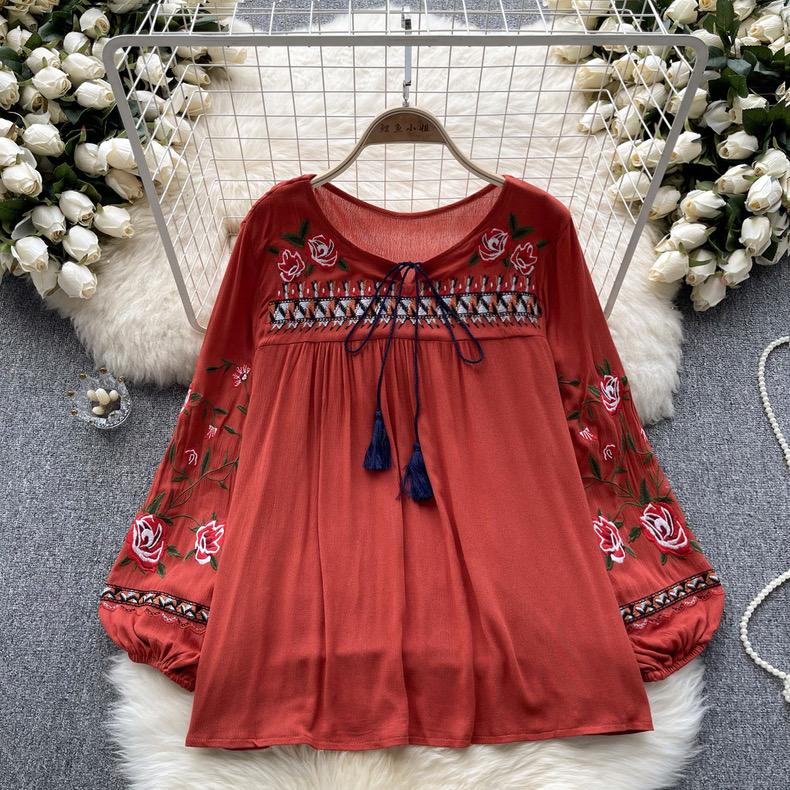 RUGOD Весенне-осенний праздник, этнический стиль, ретро, ​​тяжелая промышленность, вышивка, цветы, зарубежный стиль, рукава-фонарики, свободный универсальный топ