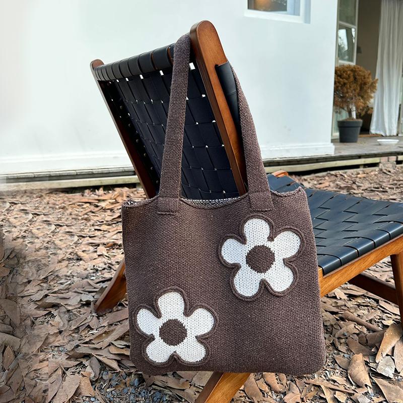Knitting Woolen Flower Decor Tote Bag Women Crochet Fashion Open Shopper Top-handle Bag Female Daily Large Capacity Handbag