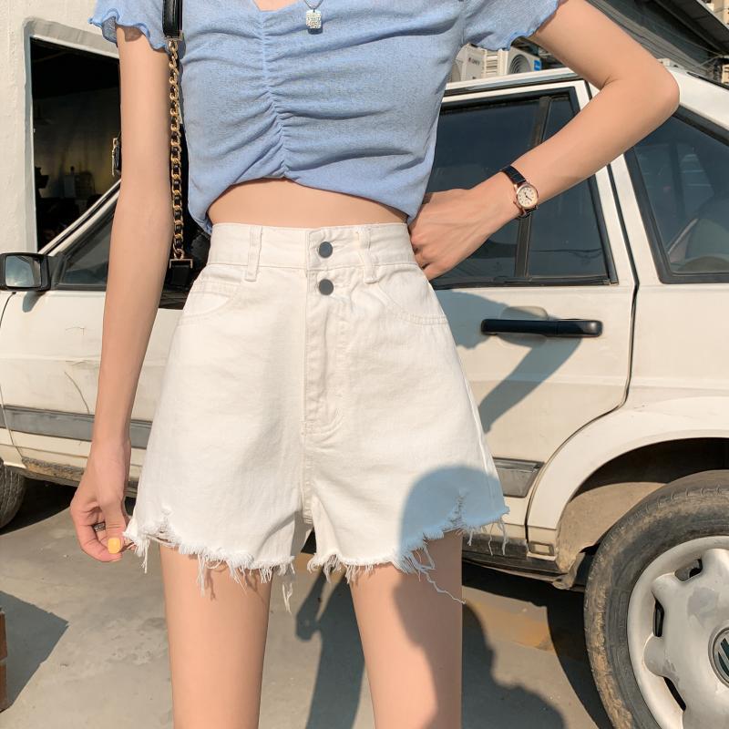 Тканые брюки Классические и минималистичные модные универсальные женские летние тонкие белые широкие шорты с высокой талией и рваными отверстиями Свободные джинсовые шорты из мешковины