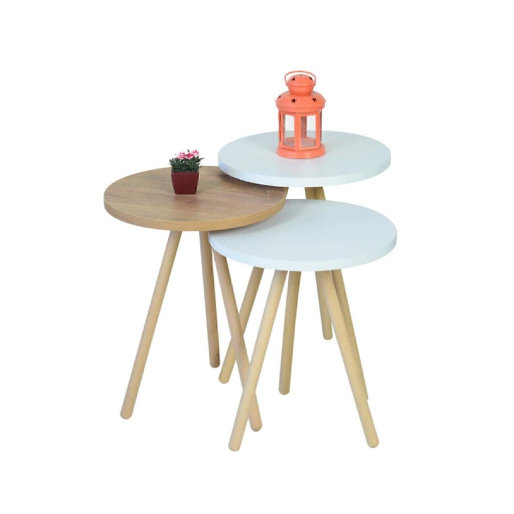 Красочный тройной журнальный столик с деревянными ножками, круглый пастельный дизайн, кремовый