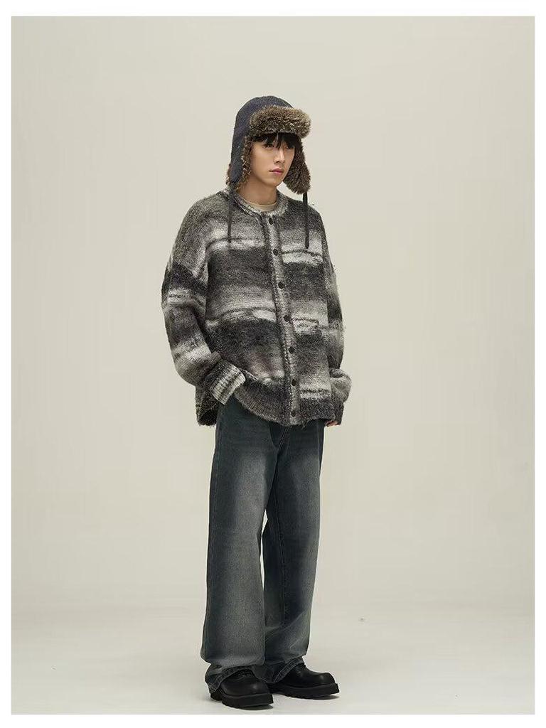 Мужской осенне-зимний кардиган в ретро-полоску - Свободный крой, Повседневный стиль