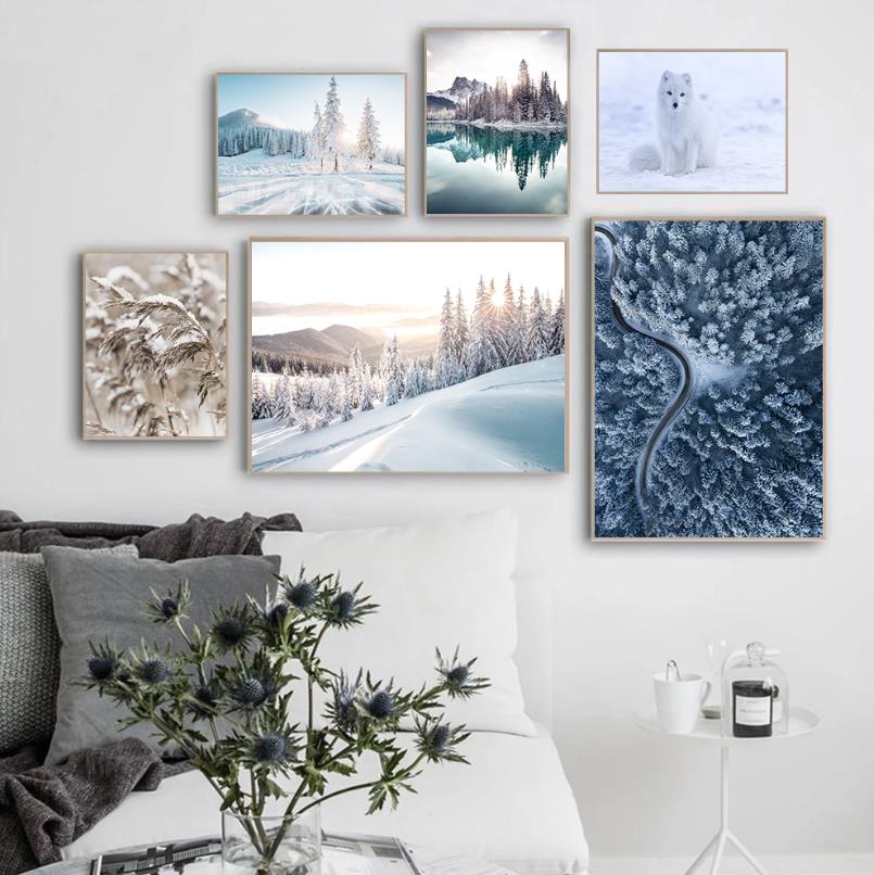 Flower Lake Snow Owl Deer Forest Landscape Winter Wall Art Canvas Painting Nordic Posters And Prints Wall Pictures Home Decor