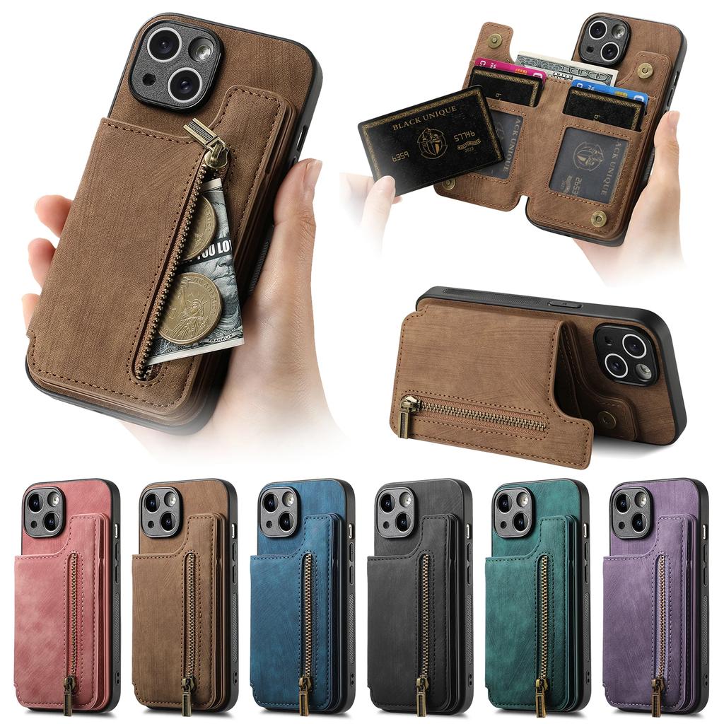 Zipper Cards Solt Wallet Leather Case For iPhone 16 Pro Max 15 14 Plus 13 12 11 XS XR Se2022 Pocket Magnetic Double Buckle Cover