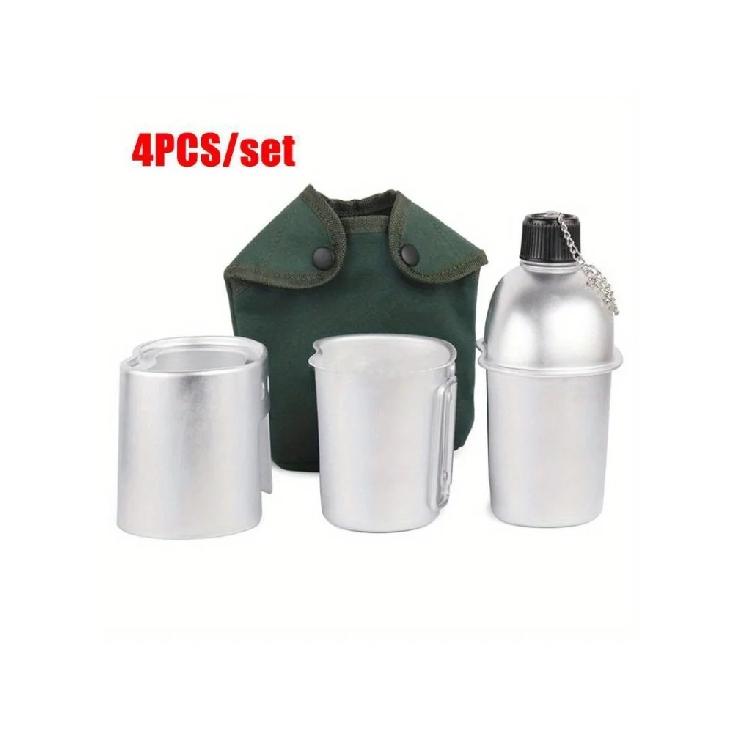4pcs/set,Military Canteen Cookware Set Aluminum Alloy Canteen Multi-Functional Water Bottle with Grab Handled Cup Green Canvas