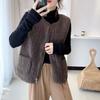 Women Fall Spring Vest Round Neck Thick Fleece Pockets Solid Color Sleeveless Zipper