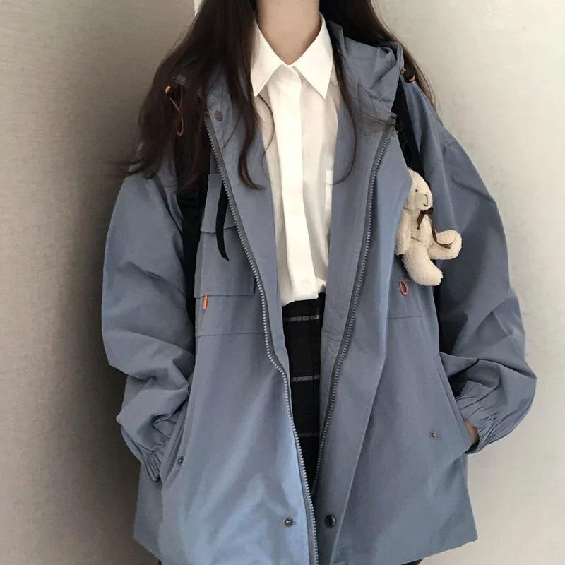 Женская однотонная куртка большого размера Harajuku корейская повседневная свободная куртка с капюшоном весна-осень на молнии для школьниц винтажная уличная одежда