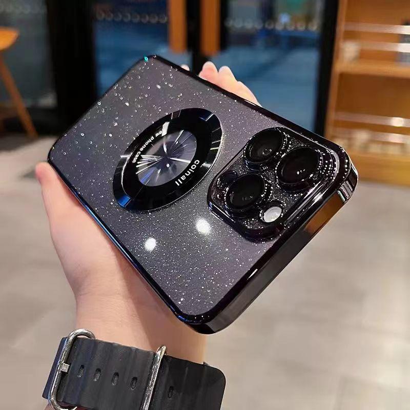 Металлический магнитный кронштейн для чехла для телефона iPhone 16 для Apple 15 Pro Гальванизированный ПК Глиттер Защитная крышка Прозрачный