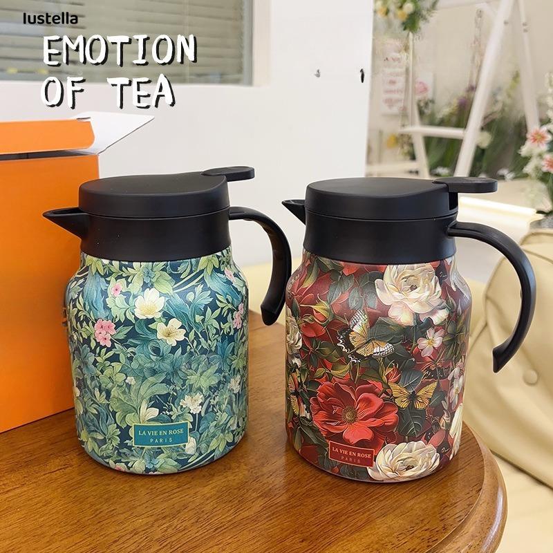 Stainless Steel Double-Walled Insulated Tea Carafe,1L Elegant Floral Design, with Tea Infuser, for Loose Leaf Tea Brewing, Home and Office Use