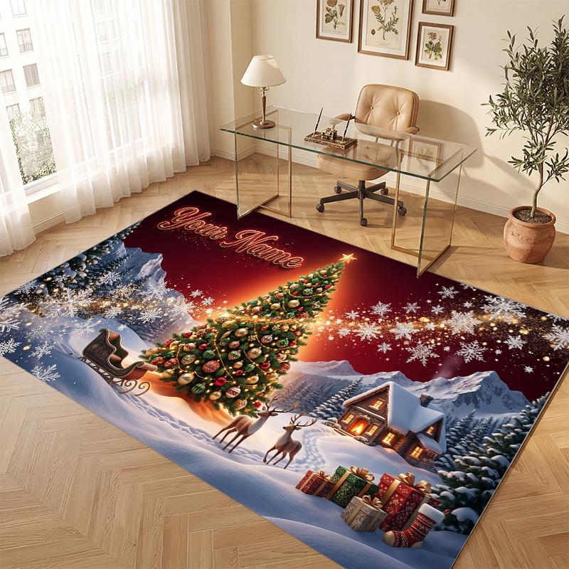 Christmas Theme Soft Crystal Velvet Rug Custom Name & Text Print Non Slip Floor Rug for Bedroom Living Room