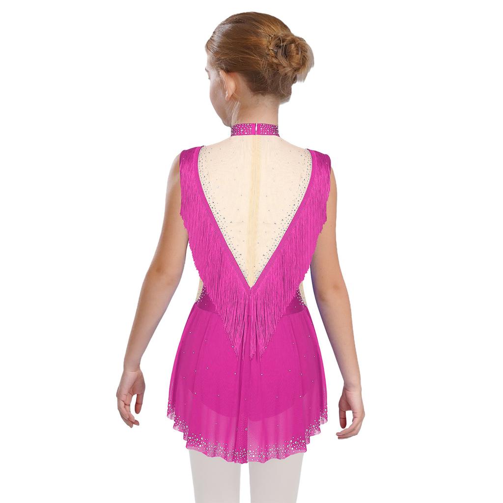 Girls Rhinestone Dance Leotard - Sparkling Mock Neck Bodysuit with Sheer Mesh & Tassel Skirt, Invisible Zipper Back