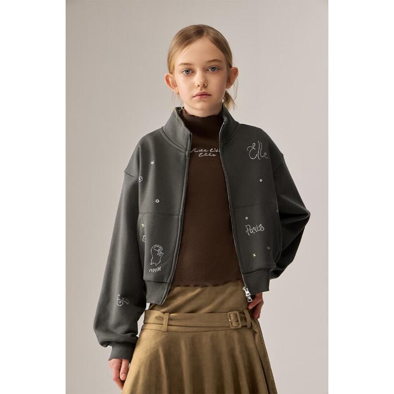 ELLE KIDS Girls' Rhinestone Stand-Collar Zip-Up Sweatshirt