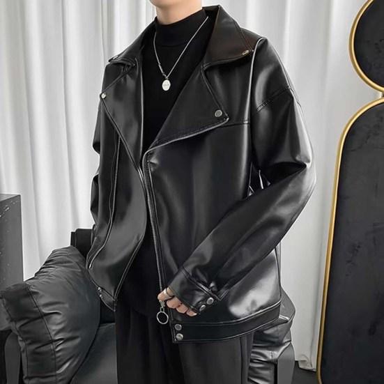 Men Jacket Imitation Leather Motorcycle Style Solid Color Loose Fit Coat Lapel
