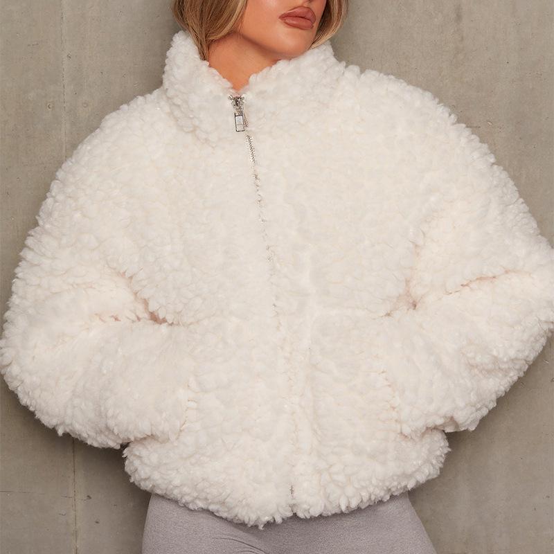 Autumn Winter Women's Solid Zipper Plush Cardigan, Thickened Warm White Short Jacket, Casual Oversized Women Lamb Wool Coat