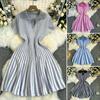 Women's Vertical Striped Summer Dress V Neck Collared Short Sleeve Knitted Dress