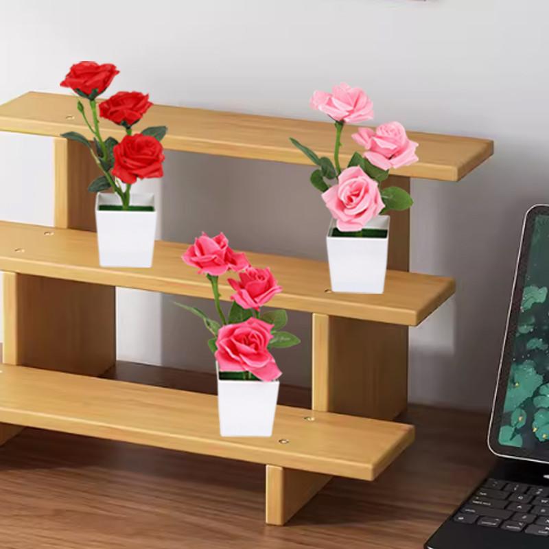 3 Head Artificial Rose Flower Bonsai Fake Plants Plastic Potted Plant Home Desktop Artificial Decor Living Room Ornament