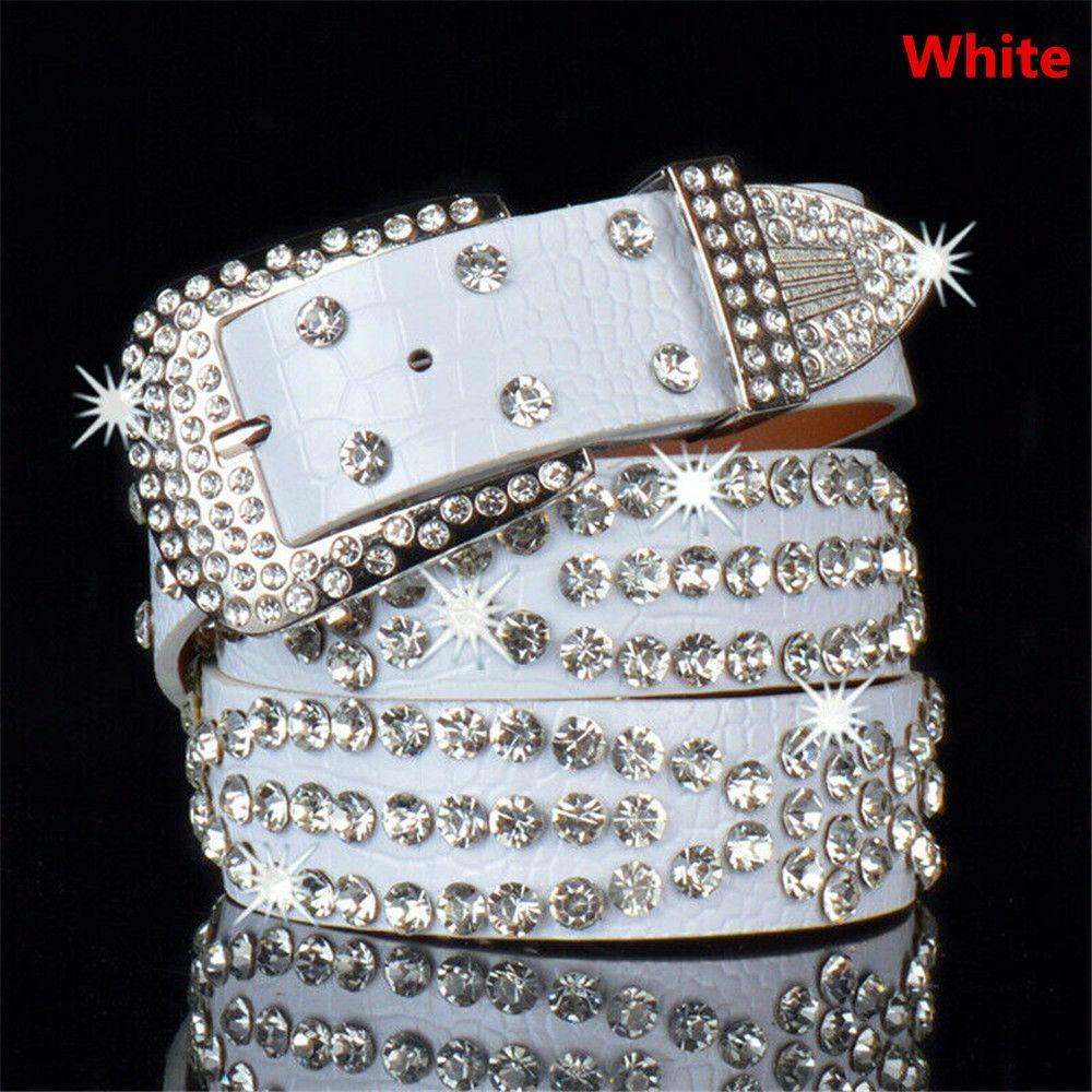 Women Studded Glitter Waistband PU Leather Bling Crystal Rhinestone Belt