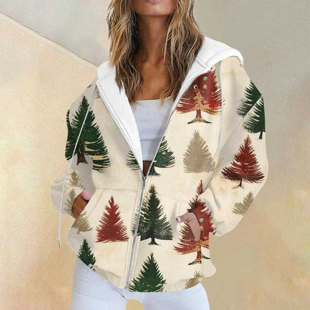 Женская повседневная рождественская печатная толстовка на осень и зиму с длинными рукавами и карманом на молнии с капюшоном