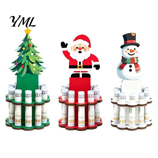 Rustic Wood Table Decorations Wooden Christmas Money Holder Stand, Santa Snowman Tree Cash Festive Desktop Clip Display, Holiday Tabletop Ornament for