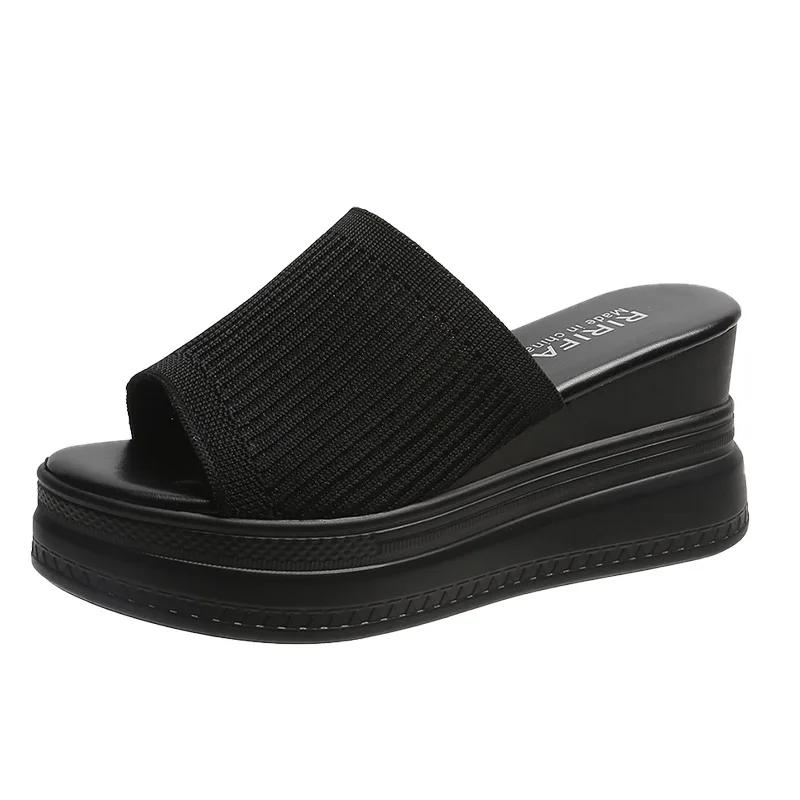 Women Slippers New Summer Wedge Thick Heel Sexy Square Toe Dress Party Shoes High Heels Knitting Casual Pumps