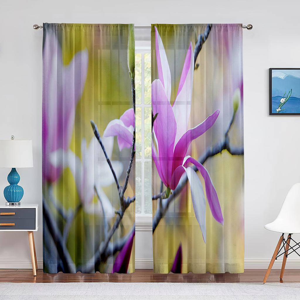 Pink Magnolia Spring Flowers Sheer Curtains for Living Room Bedroom Kitchen Hotel Decoration Chiffon Tulle Voile Window Curtain