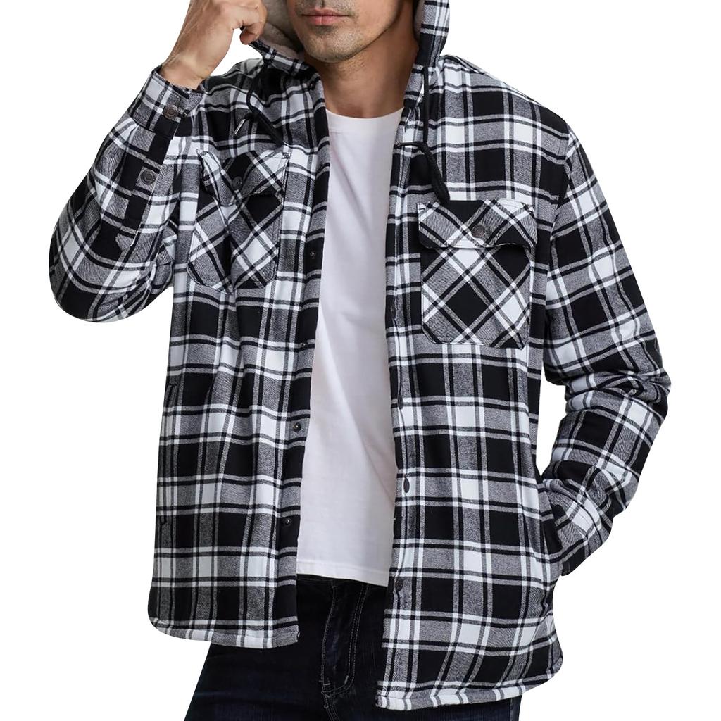 Мужская клетчатая рубашка на стеганой подкладке на пуговицах с бархатной теплой курткой с капюшоном