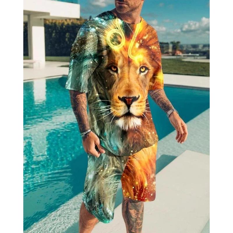 Roar Golden Lion Head короткий рукав 2 шт. комплект 3D принт мужская толстовка с круглым вырезом футболка комплект мужской свободный костюм футболка мужская одежда