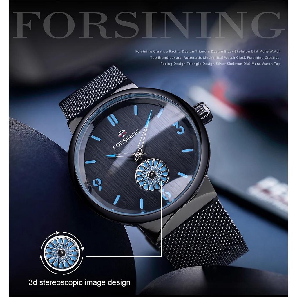 Forsining Men's Skeleton Mechanical Watches Waterproof Outdoor Wristwatch Casual Minimalism Watch For Man Black Mesh Band