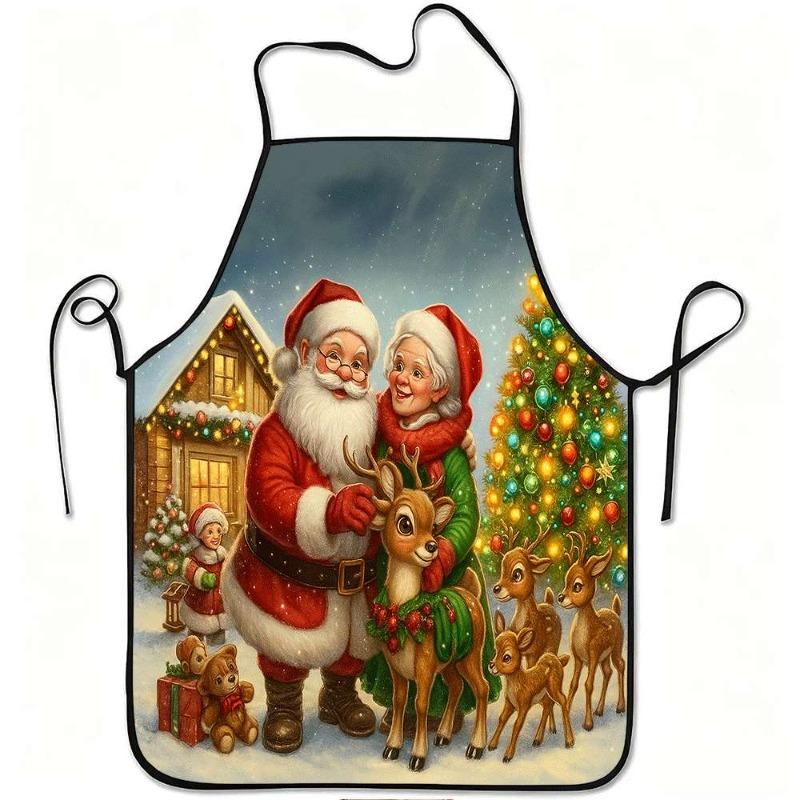 1pc Santa & Reindeer Christmas Apron with Adjustable Waistband - Durable Easy-Clean Polyester Suitable for Kitchen Cooking,, Gardening, Fruit Picking