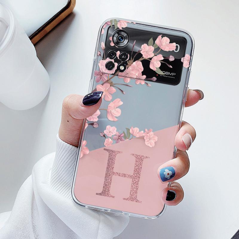 For Poco X4 Pro 5G Poco M4 Pro Case Soft Slim Luxury A-Z Letters Back Cover Fundas Flowers Clear Bumper For Xiaomi Poco M4 Pro