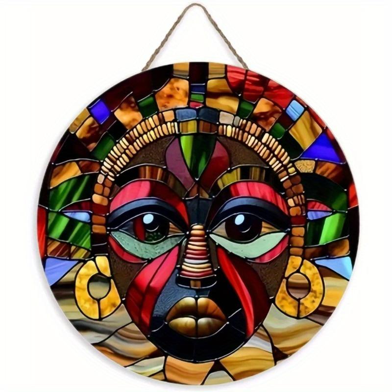 Wood Unique African Mask Circular Wooden Sign with Artistic Design, Suitable for Door, Wall, Home, Room, Farmhouse, Street, Shop, Garage, Bar, Garden