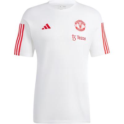 Футболка Manchester United Tiro 23 Training с круглым вырезом и тремя полосками, логотип, удобная футболка с коротким рукавом, мужские топы, белая IA8488
