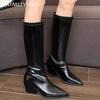 Кожаные массивные женские высокие сапоги с острым носком, ретро-ботинки на среднем каблуке до колена, модные классические туфли-лодочки 2025 года, ботфорты Chelsea Botas De Mujer