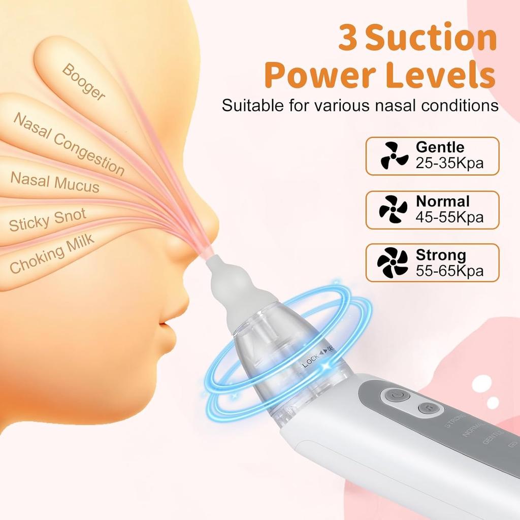Electric Nasal Aspirator for Babies 3 Suction Levels, 3 Silicone Nozzles, Rechargeable & Portable Nose Cleaner with Soothing Lullaby