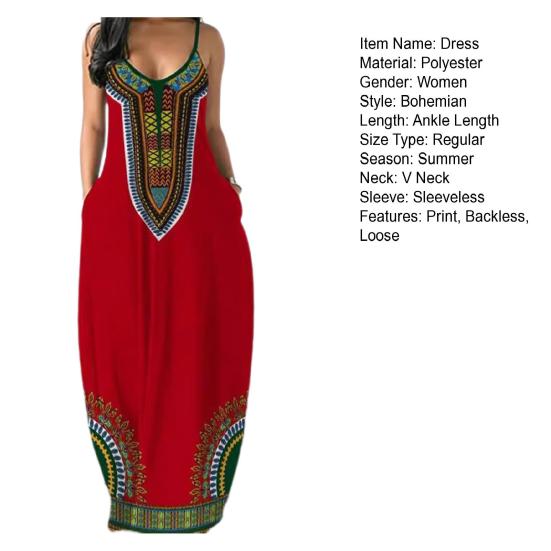 Летнее женское платье на бретельках в стиле ретро с контрастным цветным принтом большого размера с V-образным вырезом без рукавов и открытой спиной в богемном стиле трапециевидной формы длиной до щиколотки для отдыха Макси-платье