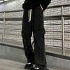 Men Cargo Pants High Street Style Straight Wide Leg Long Trousers Elastic Waistband Drawstring Large Pockets Denim Pants