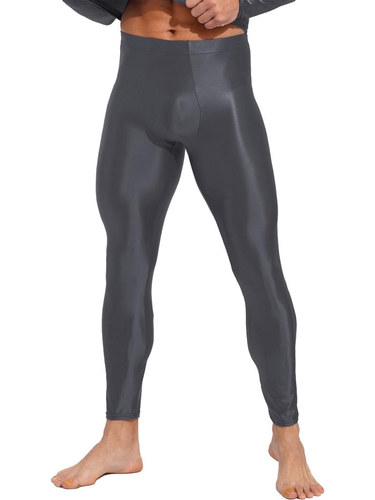 Mens Glossy Leggings Elastic Waistband Skinny Pants for Yoga Exercise Running Gym Fitness Workout