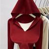 New Hooded Faux Two-piece Base Knitted Sweater for Women's Autumn and Winter, Slimming and Form-fitting Short Top