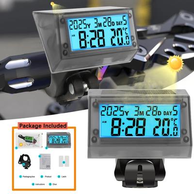 Солнечные водонепроницаемые электронные часы для автомобиля, мотоцикла, руля, температуры, времени, календаря, 2-цветной подсветки дисплея, аксессуары для мото