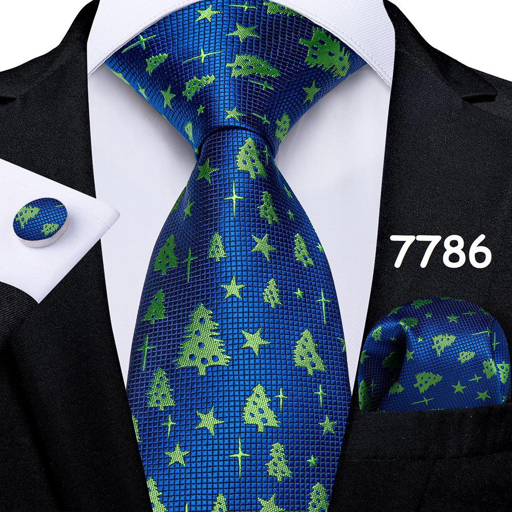 Mens Christmas Tie Set Red Blue Green 8cm Wide Silk Neck Tie Hanky Cufflinks Set Gift For Men Accessories