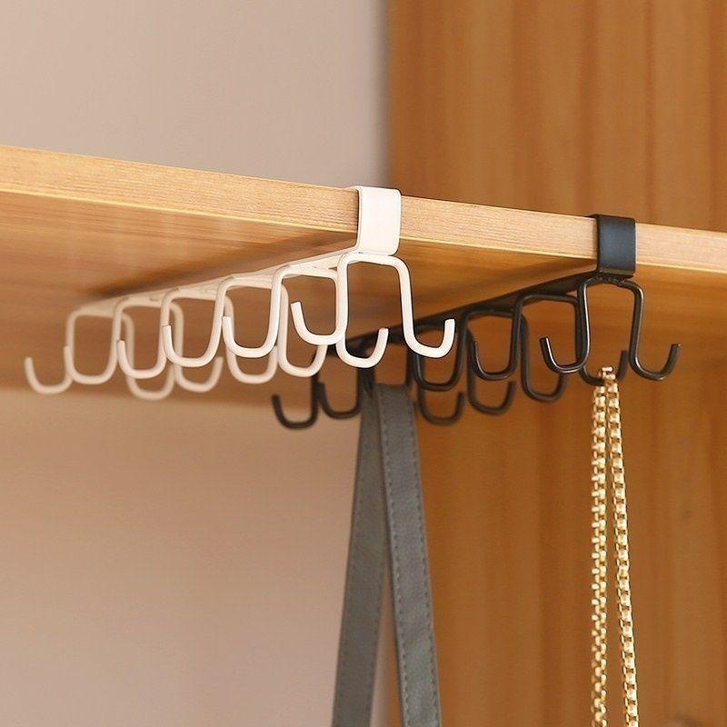 1PC Double-row Hooks Hanging Cup Holder Multifunctional Household Punch-free Wall Bathroom Kitchen Cabinet Storage Rack