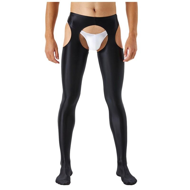 Mens Cutout Crotchless Pantyhose Glossy Mid Waist Tights Leggings