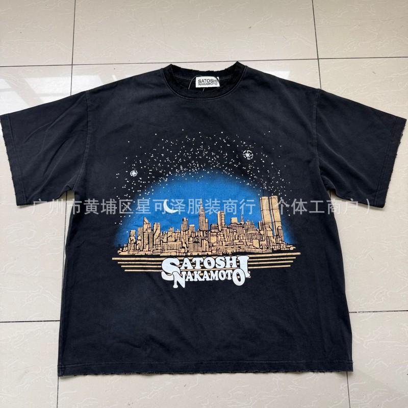 Vintage Washed Cotton Tee With Embossed Letter Rhinestone Detail Loose Fit Short Sleeve Men