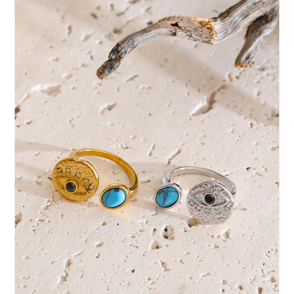Yhpup 2026 New Arrivals Turquoise Zircon Eye Adjustable Ring PVD Plated Stainless Steel Vintage Stylish Unique Daily Jewelry
