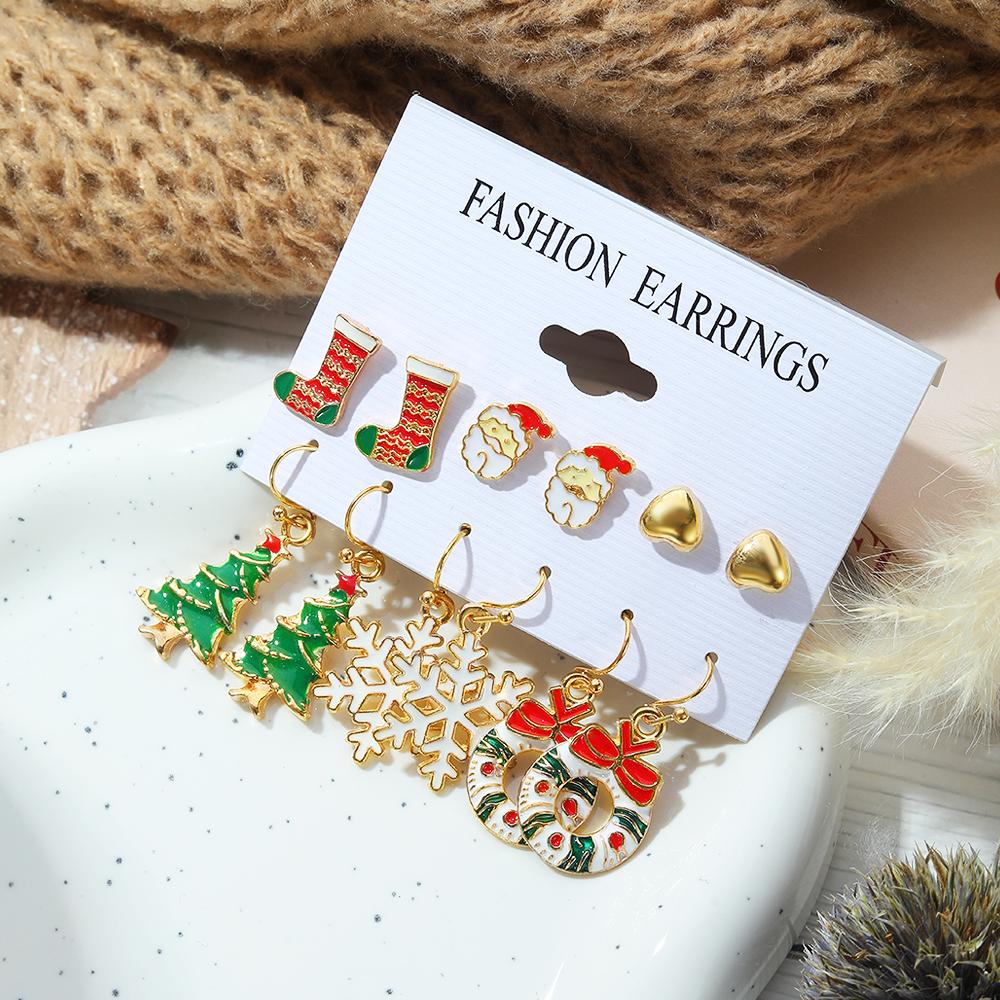 Набор рождественских серег, набор из 6 пар, изысканные модные серьги со снежинками, рождественская елка, серьги Санта-Клауса, рождественские носки, набор сережек-гвоздиков