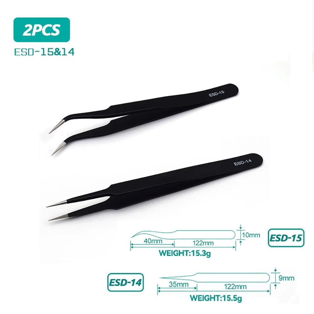 2/6pcs Precision Tweezers Set ESD Anti-Static Stainless Steel Tweezers Repair Tools for Electronics Repair Soldering Craft Tools