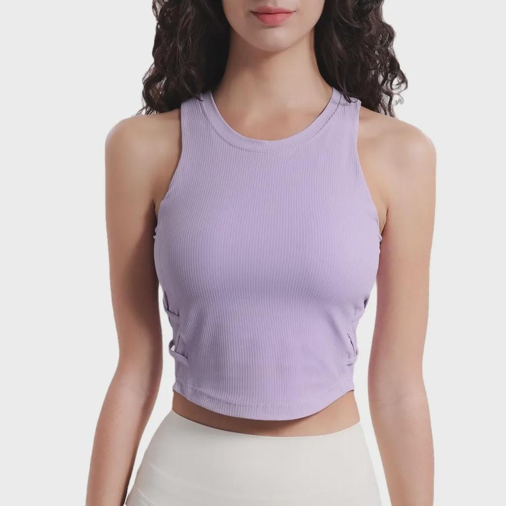 Autumn 2024 Lulu Yoga Vest with Side Waist Crisscross, High Elasticity, Moisture-Wicking, and Padded Sports Bra.