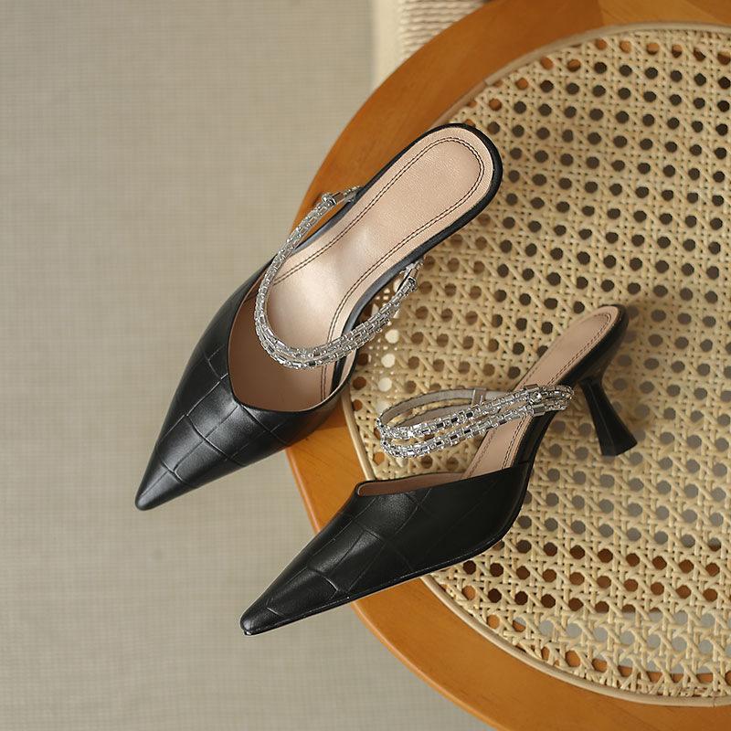 2025 летние новые сандалии с застежкой-мешком женские летние две модели с острым носком на высоком каблуке со стразами снаружи тонкие каблуки классные тапочки