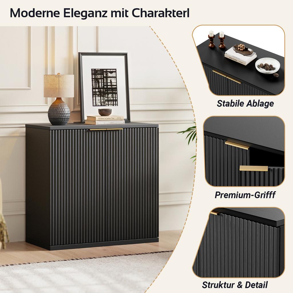Modern Storage Cabinet with Fluted Front and Metal Handle, Sideboard Cabinet for Living Room & Bedroom, Natural Light Wood Decor, Black, 60x30x70 cm